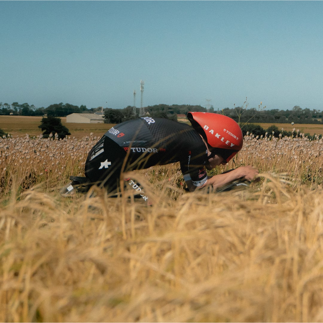 Cycliste près d'un champ de blé